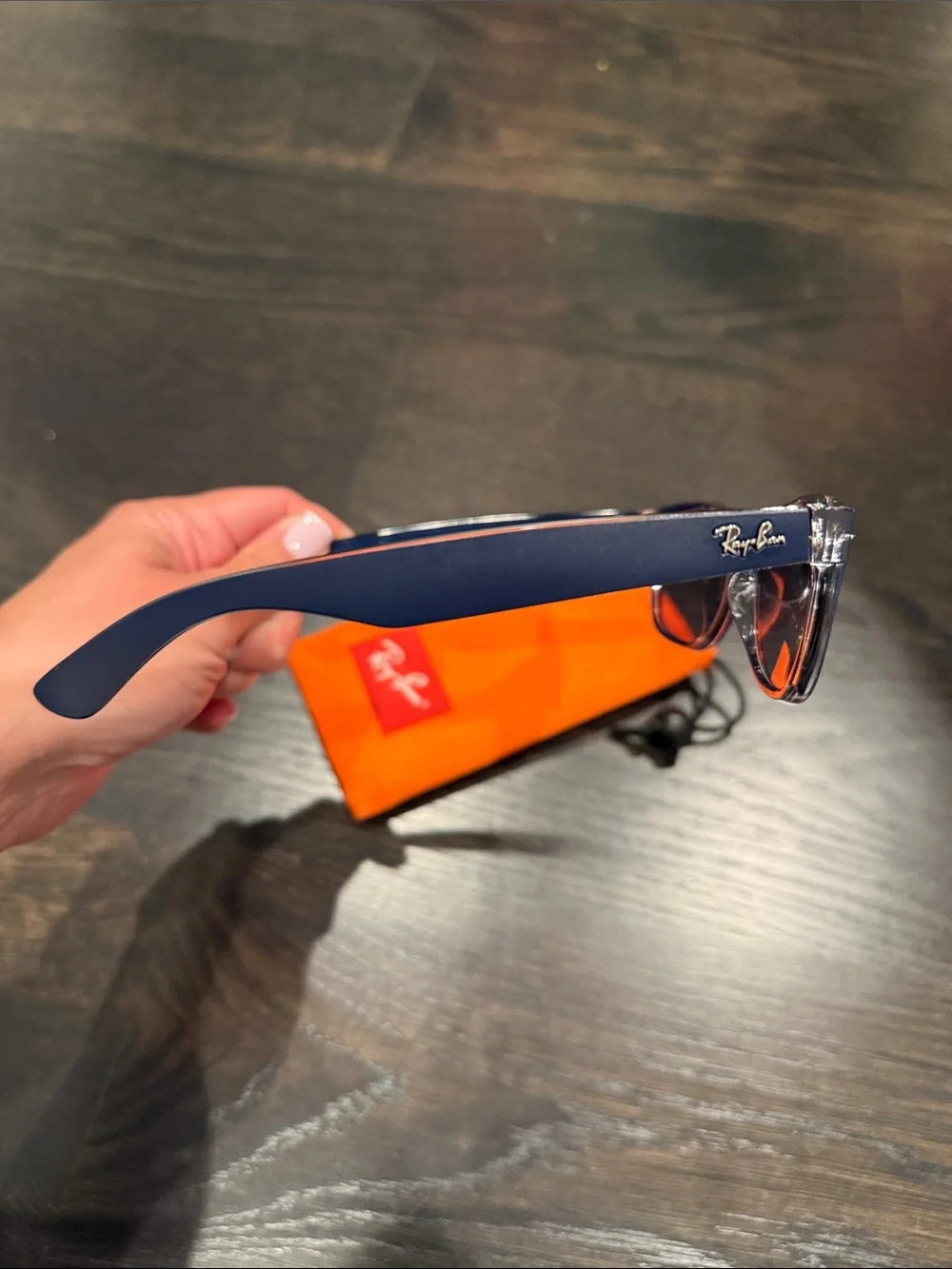 Ray-Ban Navy Frame Sunglasses with Red Lenses and Orange Pouch